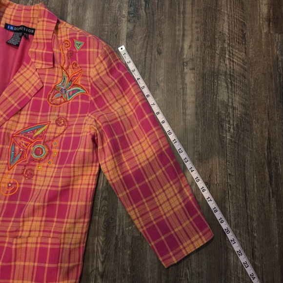 I.B. Diffusion Embroidered Plaid Blazer Jacket Size 10 Pink Orange Vintage 90s - Picture 13 of 14